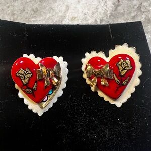 Lunch at The Ritz Vintage Heart Clip On Earrings Red Gold Rose Chocolate Box